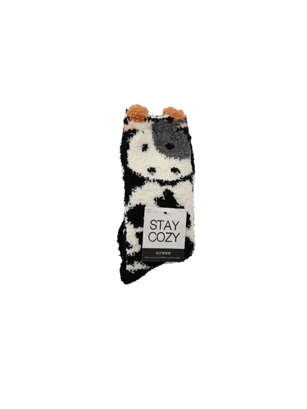 NWT Stay Cozy 2 Pack Crew Socks OS 4-10 Black White Cow Print Fuzzy Novelty